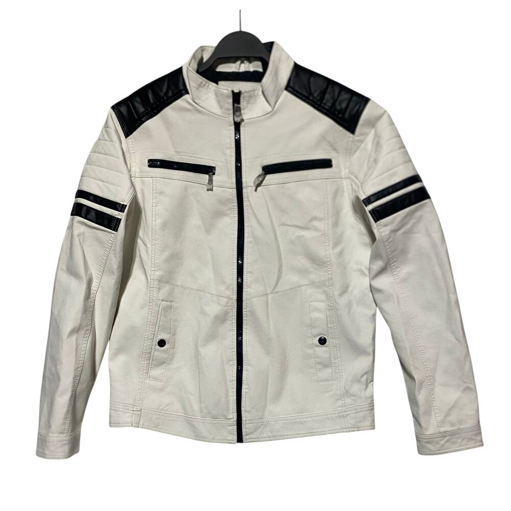 Hard Edge White Faux Leather Bomber Jacket Full Zip Men's Size XL - Picture 2 of 9